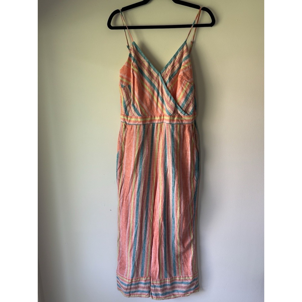 Willow And Clay Linen Blend Wide Leg Boho Stripped  Coastal Jumpsuit Size M